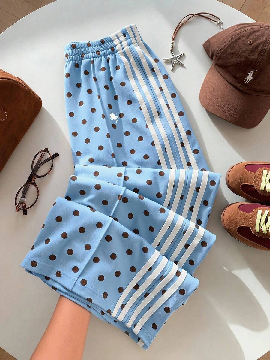 SHEIN EZwear 女士休闲蓝色波点小马标志撞色条纹阔腿运动裤,适合夏季、秋季、冬季穿着;棕色阔腿裤,适合日常通勤、约会、派对、秋冬夏季、圣诞节、新年、感恩节、聚会、婚礼、海滩、毕业典礼、时尚、优雅、休闲、外出、约会、预订、通勤、闪亮、情人节、优雅、度假、休闲、Y2K、外出、毕业典礼等场合。 - 彩色 - 查看 1