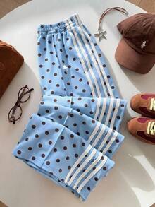 SHEIN EZwear 女士休闲蓝色波点小马标志撞色条纹阔腿运动裤，适合夏季、秋季、冬季穿着；棕色阔腿裤，适合日常通勤、约会、派对、秋冬夏季、圣诞节、新年、感恩节、聚会、婚礼、海滩、毕业典礼、时尚、优雅、休闲、外出、约会、预订、通勤、闪亮、情人节、优雅、度假、休闲、Y2K、外出、毕业典礼等场合。 - 彩色 - 查看 4