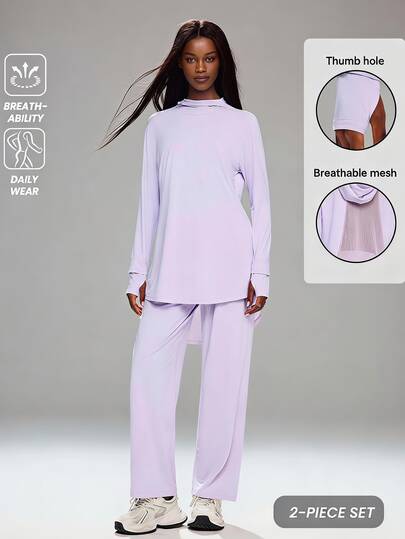 Innovista Innovista Women's Lavender Thumb Holes Mesh Detail Soft Knit Breathable Sports Set High Stretch Quick Dry Gym Yoga Running Gym Workout Autumn Sporty Athleisure