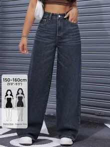 SHEIN PETITE Casual Washed Straight Leg Denim Jeans - Dark Wash - View 1