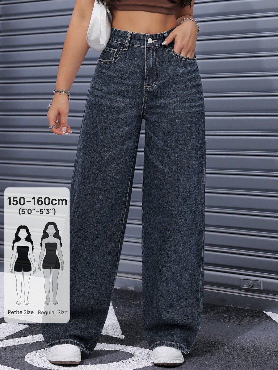 SHEIN PETITE Casual Washed Straight Leg Denim Jeans - Dark Wash - View 1