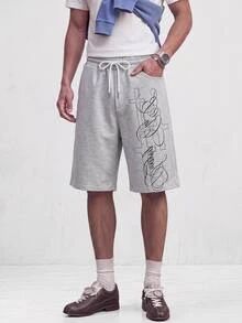 NORVETH Men's Summer Casual Loose Fit Standard Size Shorts Grey Print Elastic Waist - Grey - View 1