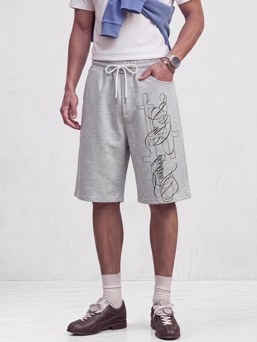 NORVETH Men's Summer Casual Loose Fit Standard Size Shorts Grey Print Elastic Waist - Grey - View 1