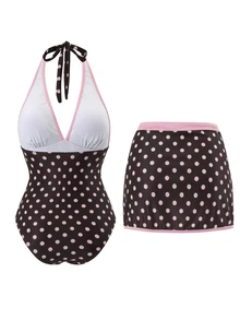 Bonvoyette Spring/Summer New Women's Polka Dot Print Backless Halter One-Piece Swimsuit, Beach Vacation - Pink - View 4