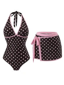 Bonvoyette Spring/Summer New Women's Polka Dot Print Backless Halter One-Piece Swimsuit, Beach Vacation - Pink - View 1