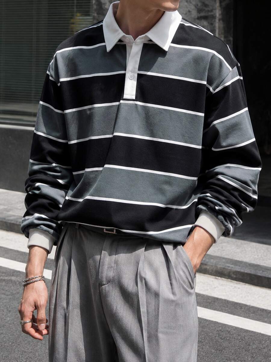 Resyla Men 男士休闲超大黑白条纹长袖 Polo 衫,秋季 - 黑與白 - 查看 1