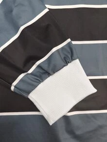 Resyla Men 男士休闲超大黑白条纹长袖 Polo 衫，秋季 - 黑與白 - 查看 3