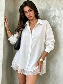 Easura Plus Size Women's Autumn/Winter Long Shirt With Lace Patchwork And Ruffle Hem, Casual Commute Elegant Blouse Fall - White - View 2