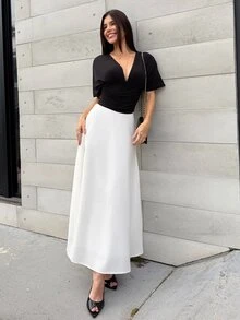 Yohana Edit Women's Black Summer Elegant Night Out 95% Cotton Deep V Ruched Short Sleeve T-Shirt,Fitted Bottom,Loose Top,Chic Versatile Blouses For Commuting - Black - View 2