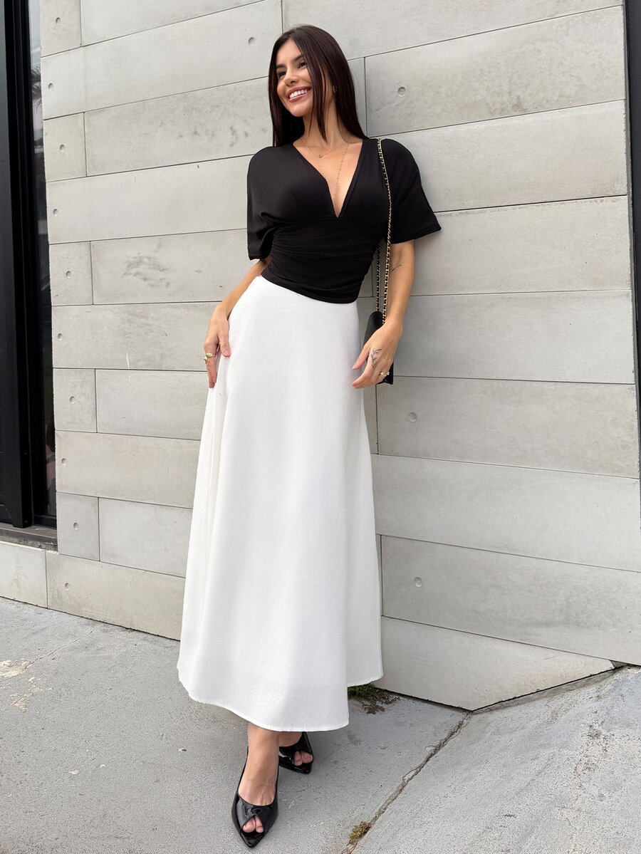 Yohana Edit Women's Black Summer Elegant Night Out 95% Cotton Deep V Ruched Short Sleeve T-Shirt,Fitted Bottom,Loose Top,Chic Versatile Blouses For Commuting