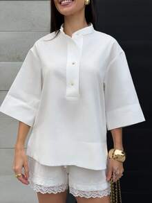 Yohana Edit 2026春夏女士舒适亲肤缎面宽松衬衫，前短后长，现代都市时尚商务休闲办公装，低调复古高端风格，高品质机场/邮轮出行装，优雅婚礼宾客礼服，简约奢华感，四季皆宜，乡村音乐会、西部风格，高档面料，舒适透气波西米亚风度假装，都市通勤装，高品质机场女装，高端 - 白色 - 查看 4