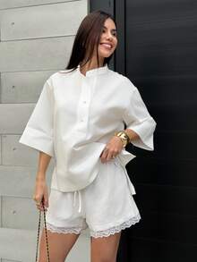 Yohana Edit 2026春夏女士舒适亲肤缎面宽松衬衫，前短后长，现代都市时尚商务休闲办公装，低调复古高端风格，高品质机场/邮轮出行装，优雅婚礼宾客礼服，简约奢华感，四季皆宜，乡村音乐会、西部风格，高档面料，舒适透气波西米亚风度假装，都市通勤装，高品质机场女装，高端 - 白色 - 查看 5
