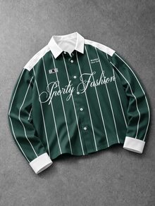 Manfinity EMRG Men's Striped Letter Print Single-Breasted Short Length Long Sleeve Shirt - Multicolor - View 8