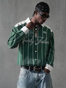 Manfinity EMRG Men's Striped Letter Print Single-Breasted Short Length Long Sleeve Shirt - Multicolor - View 2