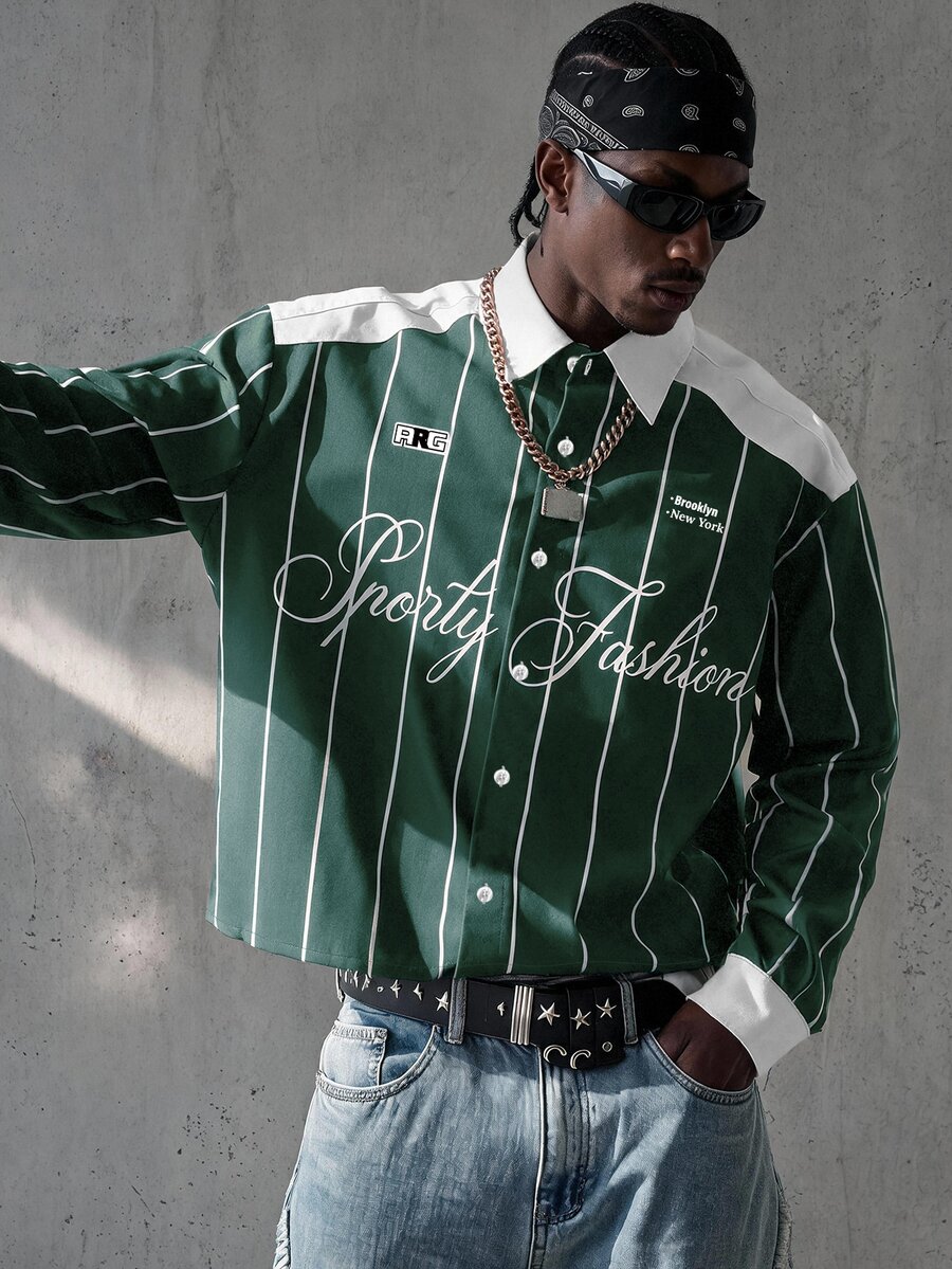 Manfinity EMRG Men's Striped Letter Print Single-Breasted Short Length Long Sleeve Shirt - Multicolor - View 1