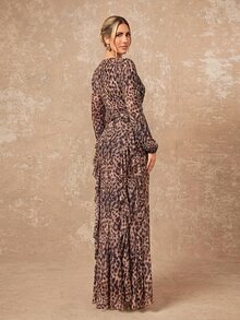 Lumalex Gaun Wanita Motif Leopard Musim Gugur Musim Dingin dengan Leher V Berkerut di Pinggang dan Hem Berlapis-lapis, Cocok untuk Acara Formal, Elegan dan Anggun. - MultiWarna - View 7