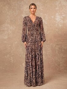 Lumalex Gaun Wanita Motif Leopard Musim Gugur Musim Dingin dengan Leher V Berkerut di Pinggang dan Hem Berlapis-lapis, Cocok untuk Acara Formal, Elegan dan Anggun. - MultiWarna - View 6