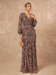 Lumalex Gaun Wanita Motif Leopard Musim Gugur Musim Dingin dengan Leher V Berkerut di Pinggang dan Hem Berlapis-lapis, Cocok untuk Acara Formal, Elegan dan Anggun. - MultiWarna - View 8