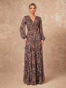 Lumalex Gaun Wanita Motif Leopard Musim Gugur Musim Dingin dengan Leher V Berkerut di Pinggang dan Hem Berlapis-lapis, Cocok untuk Acara Formal, Elegan dan Anggun. - MultiWarna - View 13
