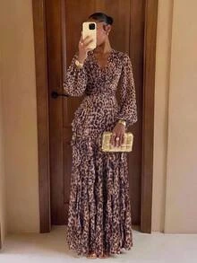 Lumalex Gaun Wanita Motif Leopard Musim Gugur Musim Dingin dengan Leher V Berkerut di Pinggang dan Hem Berlapis-lapis, Cocok untuk Acara Formal, Elegan dan Anggun. - MultiWarna - View 4