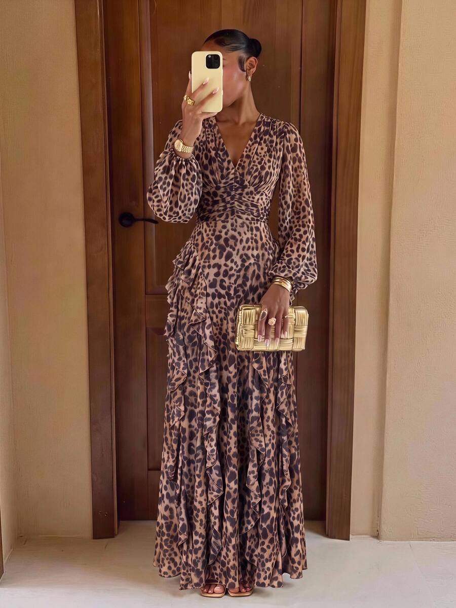 Lumalex Fall Winter Leopard Print Soft Mesh V-Neck Ruched Waist Puff Long Sleeve Multi-Layer Ruffle Hem Dress For Women Dawn-To-Gala Elegant Poised Let Your B