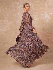 Lumalex Gaun Wanita Motif Leopard Musim Gugur Musim Dingin dengan Leher V Berkerut di Pinggang dan Hem Berlapis-lapis, Cocok untuk Acara Formal, Elegan dan Anggun. - MultiWarna - View 3