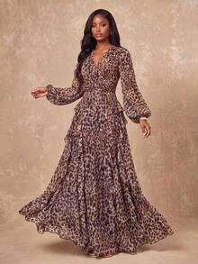 Lumalex Gaun Wanita Motif Leopard Musim Gugur Musim Dingin dengan Leher V Berkerut di Pinggang dan Hem Berlapis-lapis, Cocok untuk Acara Formal, Elegan dan Anggun. - MultiWarna - View 2