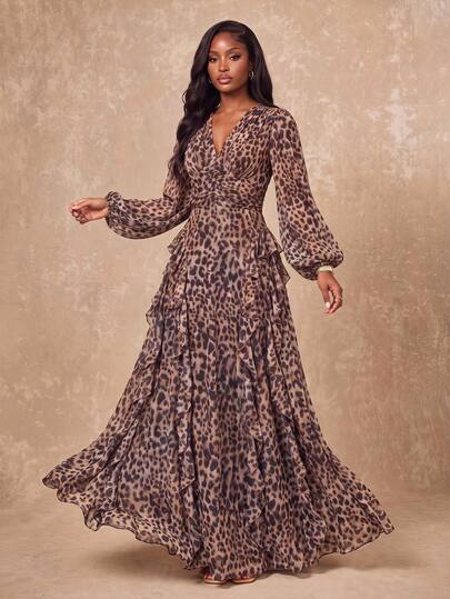 Lumalex Gaun Wanita Motif Leopard Musim Gugur Musim Dingin dengan Leher V Berkerut di Pinggang dan Hem Berlapis-lapis, Cocok untuk Acara Formal, Elegan dan Anggun.