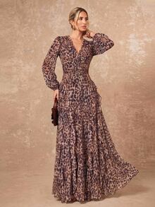 Lumalex Gaun Wanita Motif Leopard Musim Gugur Musim Dingin dengan Leher V Berkerut di Pinggang dan Hem Berlapis-lapis, Cocok untuk Acara Formal, Elegan dan Anggun. - MultiWarna - View 10