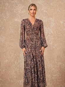 Lumalex Gaun Wanita Motif Leopard Musim Gugur Musim Dingin dengan Leher V Berkerut di Pinggang dan Hem Berlapis-lapis, Cocok untuk Acara Formal, Elegan dan Anggun. - MultiWarna - View 12