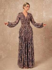 Lumalex Gaun Wanita Motif Leopard Musim Gugur Musim Dingin dengan Leher V Berkerut di Pinggang dan Hem Berlapis-lapis, Cocok untuk Acara Formal, Elegan dan Anggun. - MultiWarna - View 5