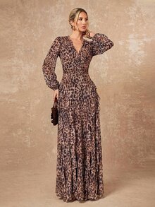 Lumalex Gaun Wanita Motif Leopard Musim Gugur Musim Dingin dengan Leher V Berkerut di Pinggang dan Hem Berlapis-lapis, Cocok untuk Acara Formal, Elegan dan Anggun. - MultiWarna - View 9