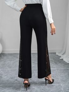 Editum 女款黑色與銀色網格亮片拼接修身直筒長褲，優雅夏季夜生活派對生日通勤休閒婚禮畢業 Y2K 風格 - 黑色 - 查看 3