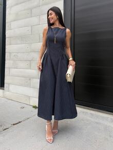 Yohana Edit Women's Sleeveless Striped Dress, Fashionable For Commuting In Summer Navy Blue Elegant Pinstripe Midi - Blue - View 6