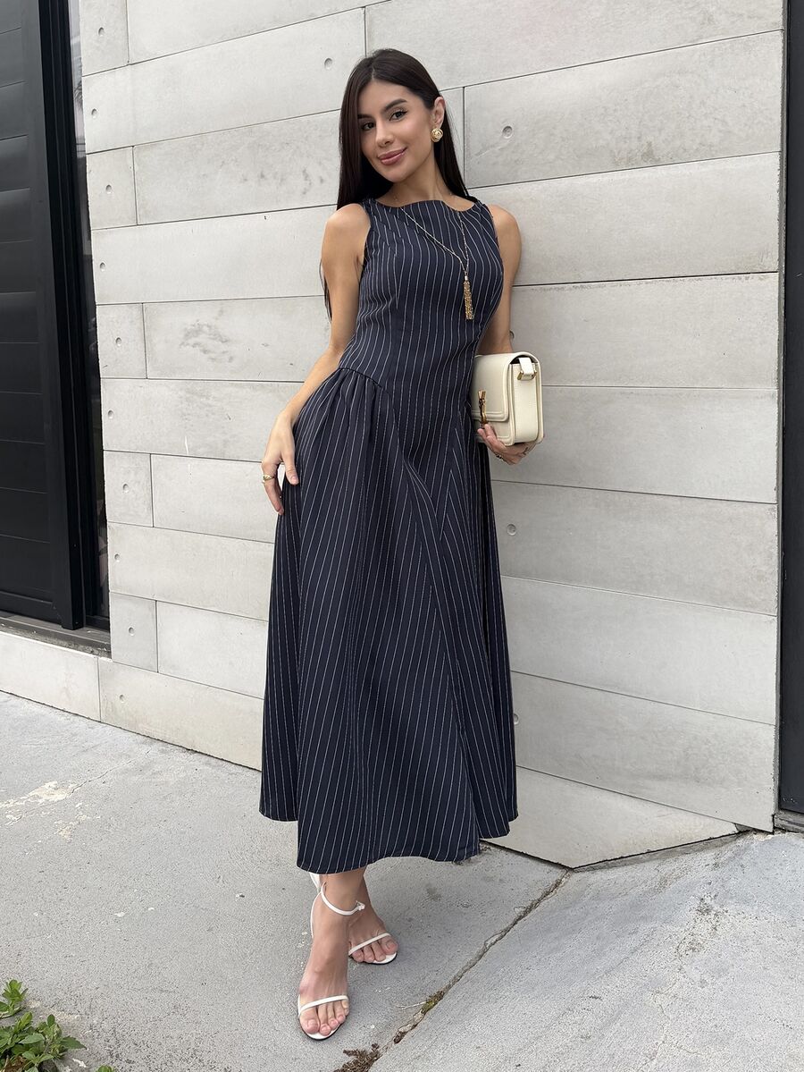 Yohana Edit Women's Sleeveless Striped Dress, Fashionable For Commuting In Summer Navy Blue Elegant Pinstripe Midi - Blue - View 1