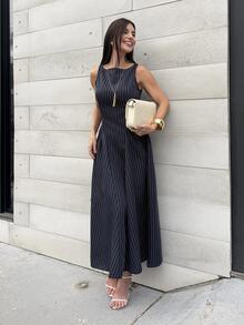 Yohana Edit Women's Sleeveless Striped Dress, Fashionable For Commuting In Summer Navy Blue Elegant Pinstripe Midi - Blue - View 4