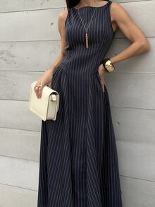Yohana Edit Women's Sleeveless Striped Dress, Fashionable For Commuting In Summer Navy Blue Elegant Pinstripe Midi - Blue - View 3