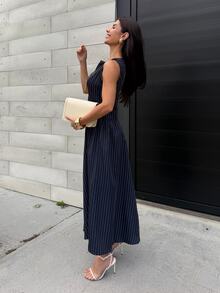 Yohana Edit Women's Sleeveless Striped Dress, Fashionable For Commuting In Summer Navy Blue Elegant Pinstripe Midi - Blue - View 5