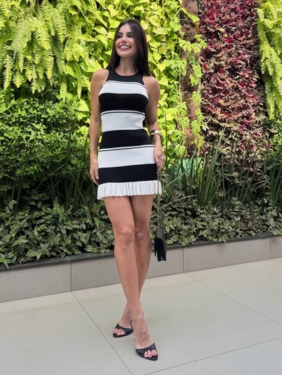 Yohana Edit Women's Summer Black And White Striped Ribbed Knit Dress,Chic Night Out Navy Style Contrast Color Fitted Sleeveless Ruffle Hem Elastic A-Line Dress