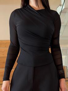 Yohana Edit Women's Elegant Black Sheer Mesh Patchwork Long Sleeve Ruched Fitted T-Shirt,Casual Versatile Autumn Night Out Tops,Solid Color Commuting Fall Clothes - Green - View 4