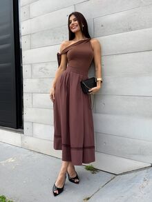 Yohana Edit 棕色鏤空蕾絲飾邊拼接優雅法式復古商務約會日常度假派對婚禮賓客日畢業季音樂節修身優雅百搭夏季通勤辦公室出遊海灘聚會社交假期購物下午茶旅行正式度假風慵懶奢華 - 棕色 - 查看 1