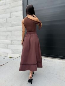 Yohana Edit 棕色鏤空蕾絲飾邊拼接優雅法式復古商務約會日常度假派對婚禮賓客日畢業季音樂節修身優雅百搭夏季通勤辦公室出遊海灘聚會社交假期購物下午茶旅行正式度假風慵懶奢華 - 棕色 - 查看 2