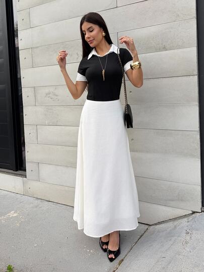 Yohana Edit PETITE Women White Summer Casual Vacation Loose A-Line Pocket Skirt,Woven Fabric Commute Beach Graduation Tea Party,Elegant Urban Chic Work Dress