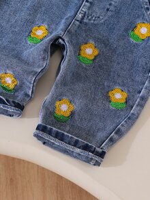 SHEIN Playful Pals 2件組女嬰可愛休閒日常春季刺繡花卉荷葉邊長袖上衣牛仔吊帶褲套裝 - 黃色 - 查看 6