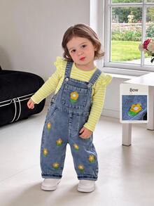 SHEIN Playful Pals 2件組女嬰可愛休閒日常春季刺繡花卉荷葉邊長袖上衣牛仔吊帶褲套裝 - 黃色 - 查看 8