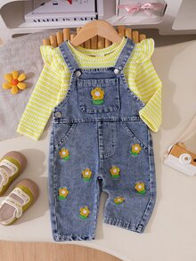SHEIN Playful Pals 2件組女嬰可愛休閒日常春季刺繡花卉荷葉邊長袖上衣牛仔吊帶褲套裝 - 黃色 - 查看 5