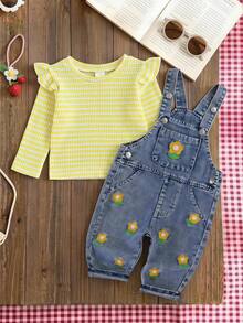 SHEIN Playful Pals 2件組女嬰可愛休閒日常春季刺繡花卉荷葉邊長袖上衣牛仔吊帶褲套裝 - 黃色 - 查看 3