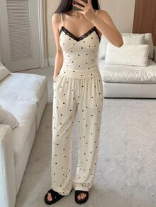DAZY 3件組春季女款睡衣套裝，蝴蝶印花對比色蕾絲拼接細肩帶背心、開襟外套與長褲睡衣 - 白色 - 查看 5