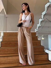 Yohana Edit Contrast Color Pocket Casual Suit Wide-Leg Pants In Fall/Winter - Khaki - View 1