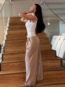 Yohana Edit Contrast Color Pocket Casual Suit Wide-Leg Pants In Fall/Winter - Khaki - View 6